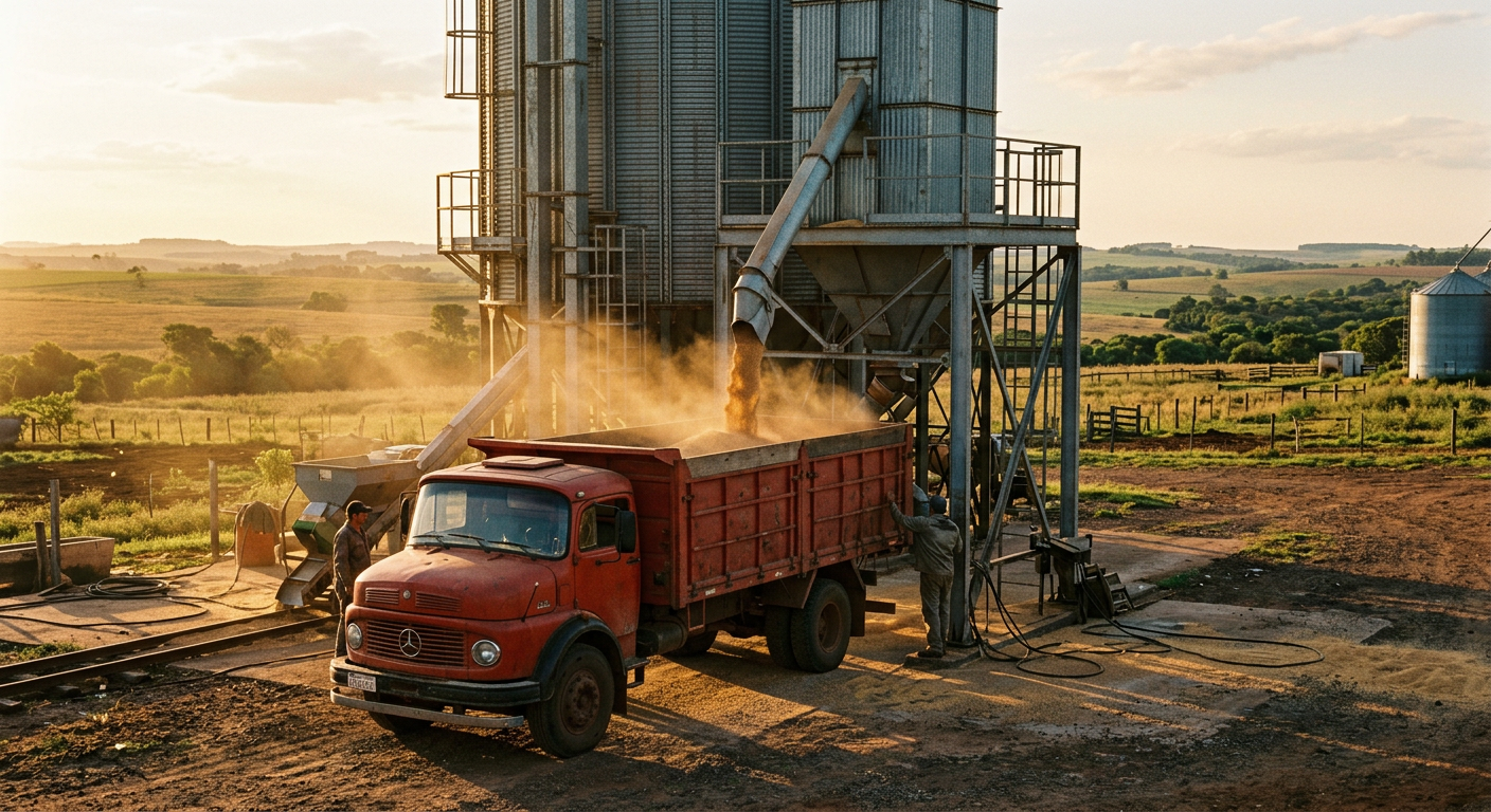 Camión descargando grano en un silo de acopio durante la hora dorada