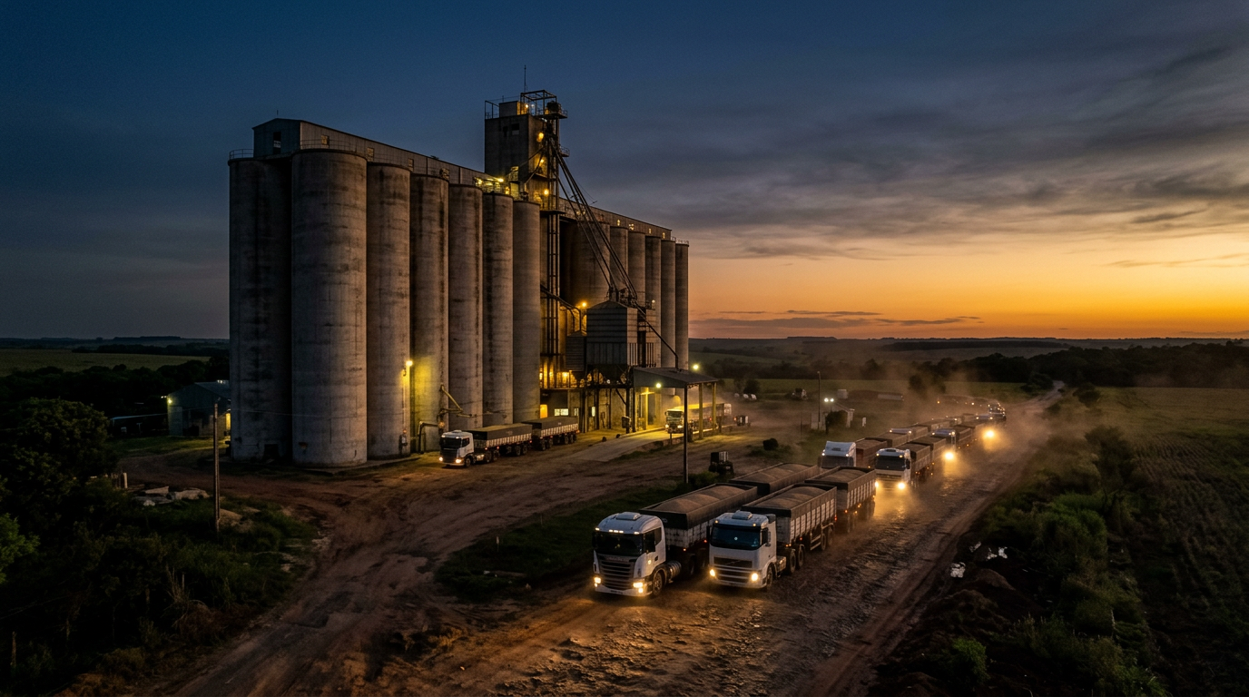 Silo de acopio al atardecer con una fila de camiones cargados esperando en el camino de tierra